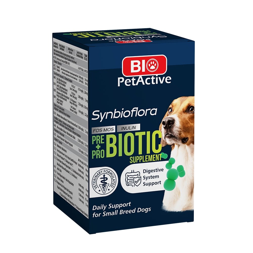 Bio PetActive Synbioflora 60 tab pentru Caini de Talie Mica Synbioflora este o hrana complementara ce contine un complex de prebiotice si bacterii probiotice dezvoltate special pentru pisici si caini pentru a ajuta la mentinerea unui tract digestiv echilibrat. Contine o sursa de microorganisme vii (viabile) care apar in mod natural in intestin si care mentin echilibrul microflorei intestinale, plus prebiotice care sustin dezvoltarea bacteriilor benefice sistemului digestiv.